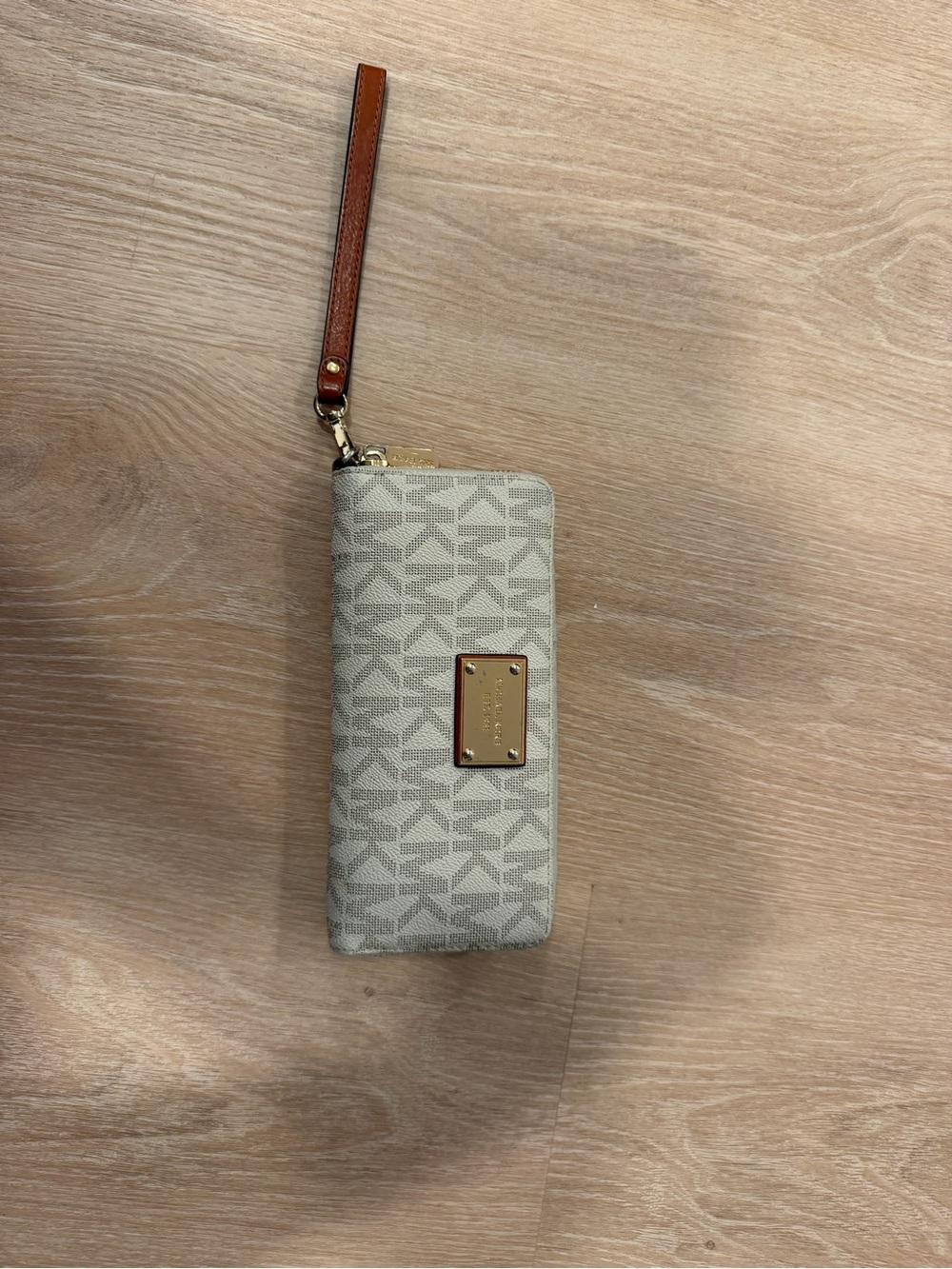 Michael Kors Cream Logo Wristlet with Brown Strap